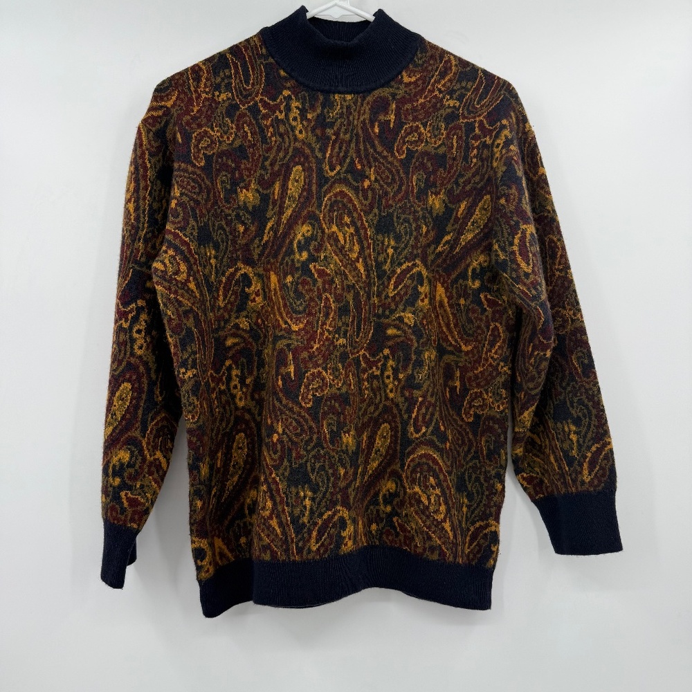 Jones New York Sweater Women Large Brown Vintage Knit Paisley Lambswool Blend